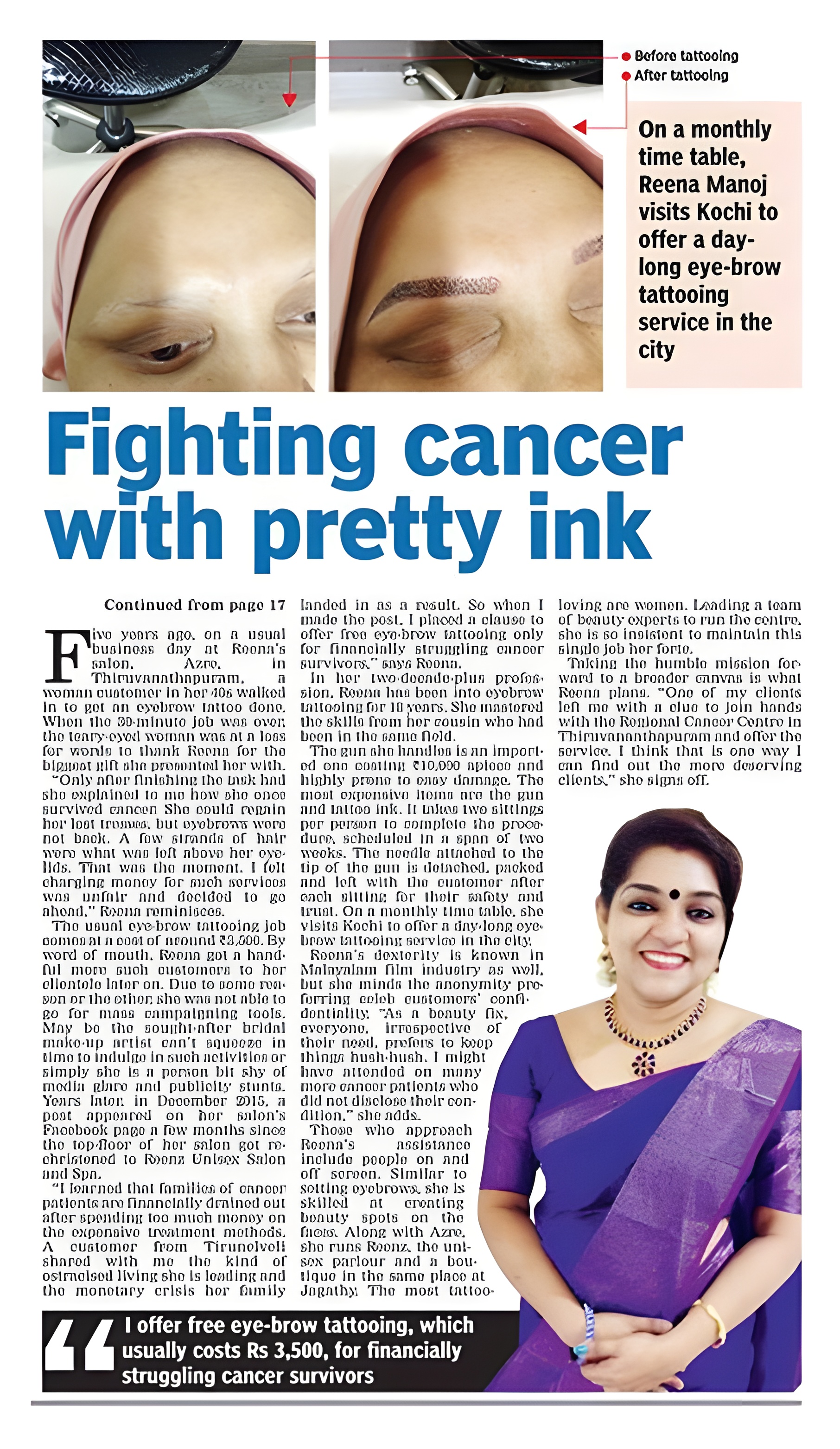 Newspaper article about Reenz supporting cancer survivors with eyebrow microshading and microblading